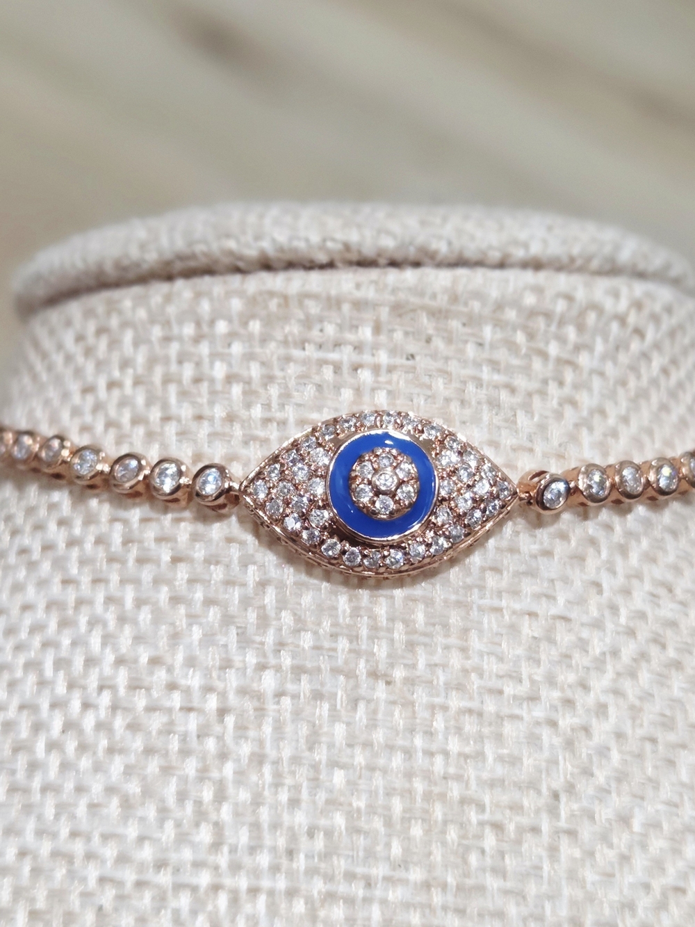 Rose Gold Evil Eye Bracelet with Blue Accent